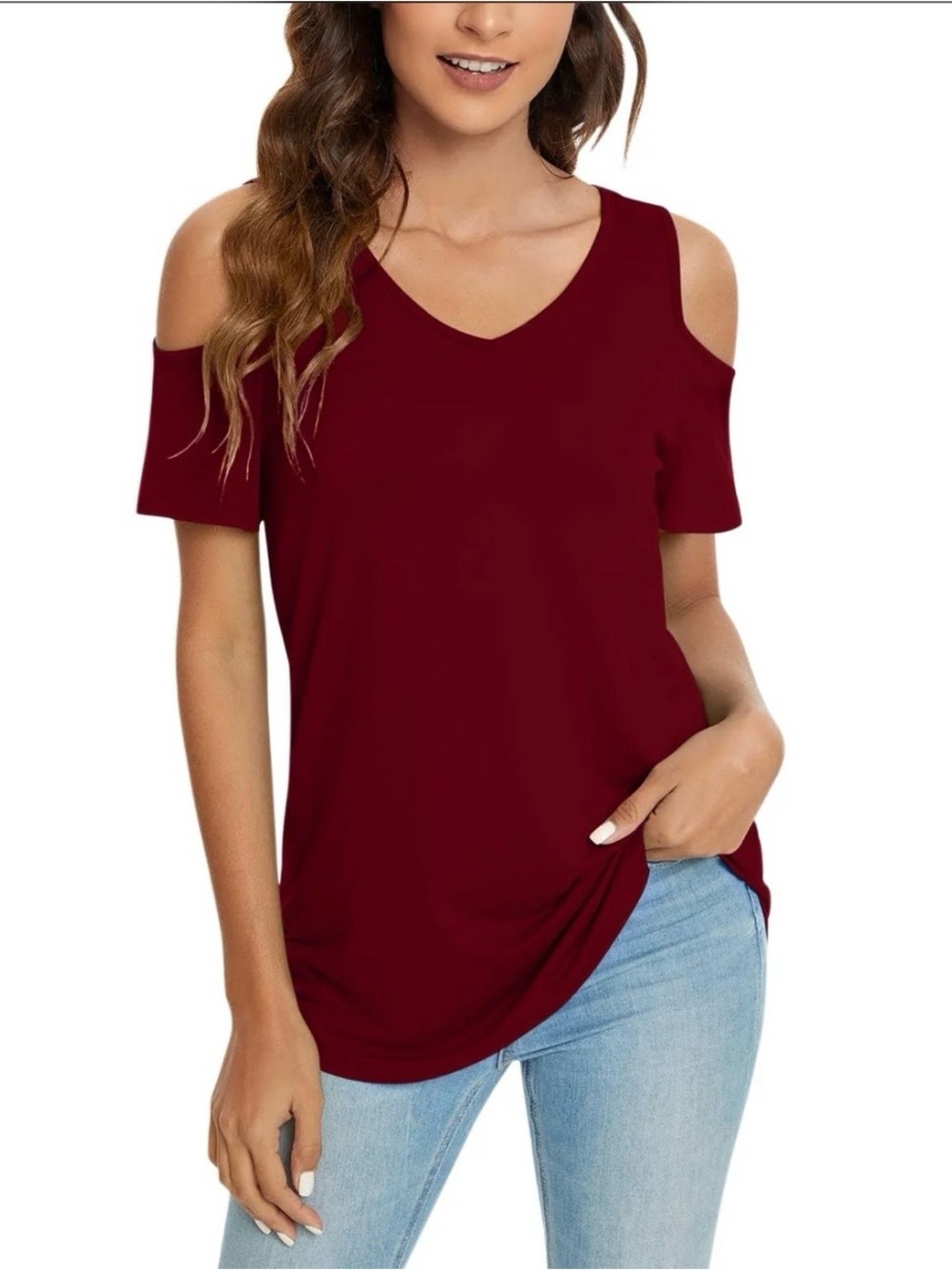 Design Lab Lord & Taylor Burgundy Cold Shoulder Top Ruffle Sleeve Wine M